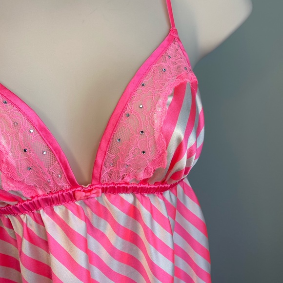 Victoria's Secret; silk top, pink and white stripes, size: medium, lace, jewels - Picture 2 of 7